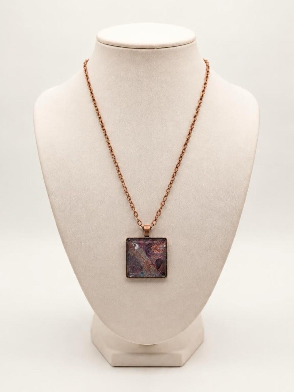 Handmade Abstract Painted Cabochon Pendant Necklace 30”